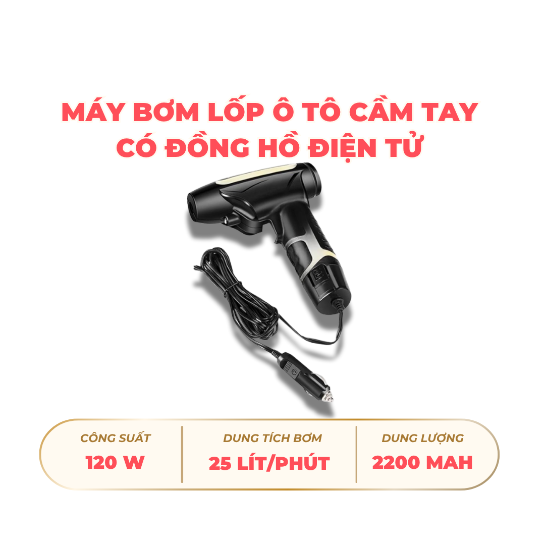 Máy bơm lốp ô tô cầm tay có đồng hồ điện tử