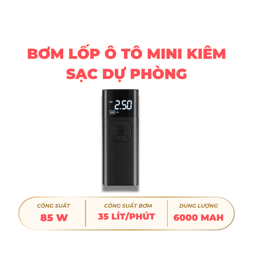 Bơm lốp ô tô mini kiêm sạc dự phòng