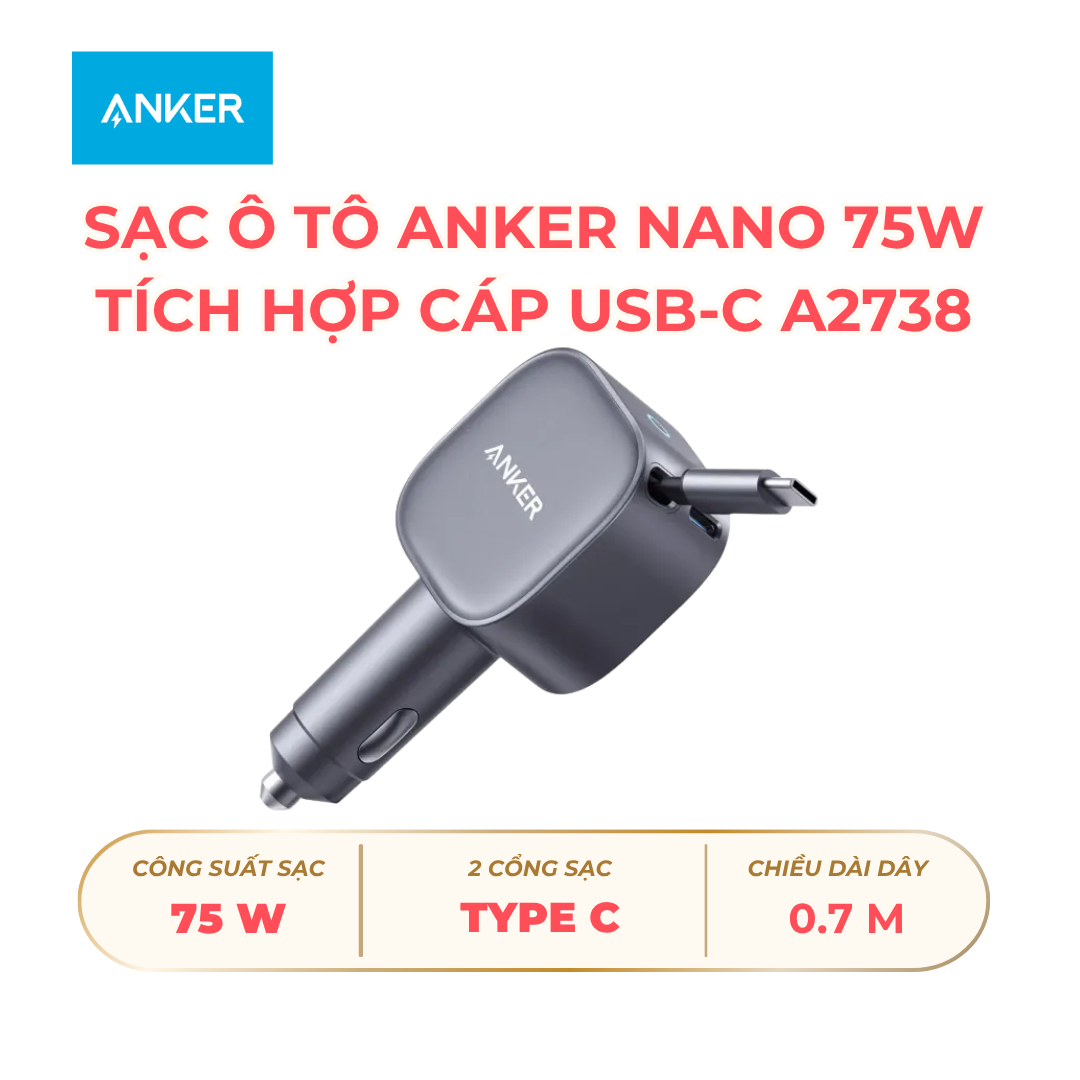Sạc ô tô Anker nano 75W tích hợp cáp USB-C A2738